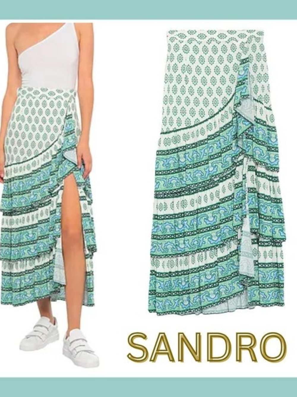 Sandro Green & White Printed Ruffle Wrap Skirt
